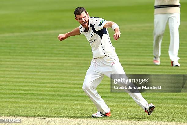 James Harris of Middlesex celebrates after getting the wicket of Paul Coughlin of Durham to end the innings during day three of the LV County...