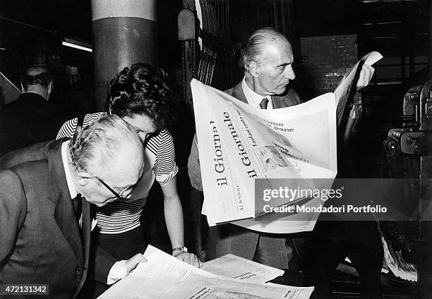 "Italian journalist and editor in chief of Il Giornale Nuovo Indro Montanelli reading the first issue of the newspaper. Milan, 25th June 1974 "