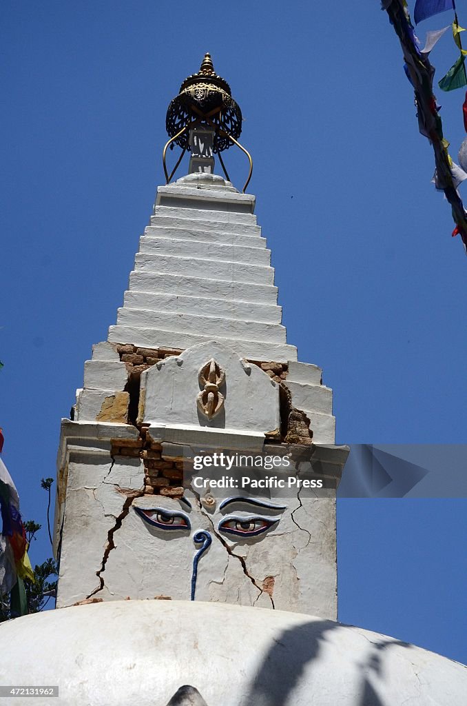 A view  of a damaged temple. The 2015 Nepal earthquake,...