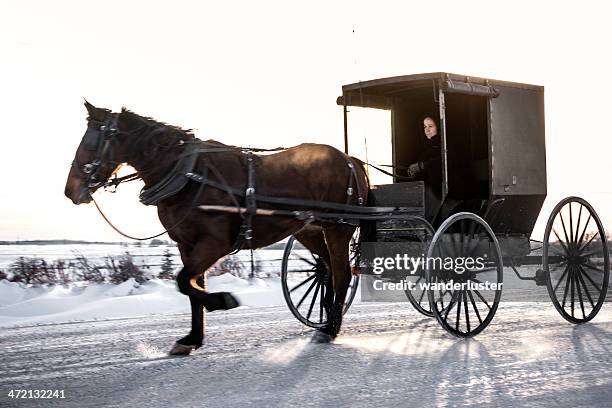 amish-einspänner sie auf schnee road - amish man stock-fotos und bilder