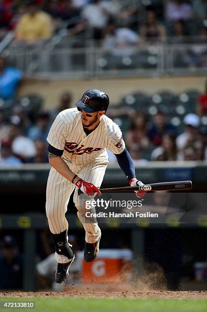 Jordan Schafer of the Minnesota Twins bunts against the Chicago White Sox during the game on May 2, 2015 at Target Field in Minneapolis, Minnesota....