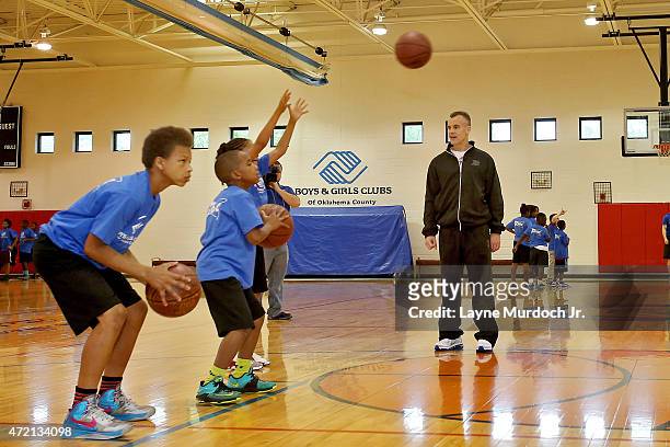 Oklahoma City Thunder Head Coach Billy Donovan attends a basketball clinic for the Boys & Girls Club on May 01, 2015 at the Boys & Girls Club...