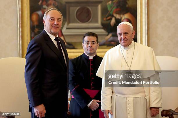 "Pope Francis welcoming the President of the Republic of Latvia Andris Berzins at the private library of the Apostolic Palace. Vatican City, 20th...