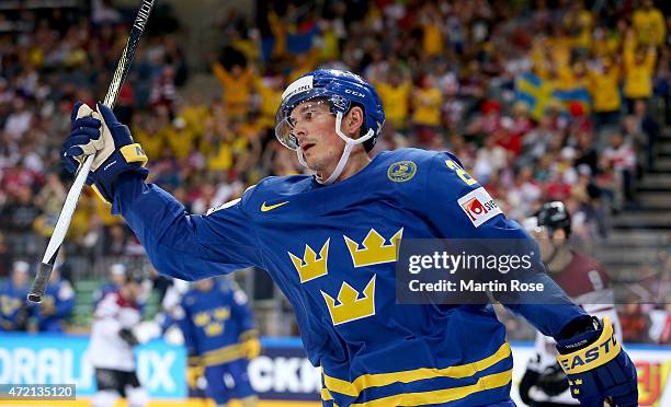 Loui Eriksson of Sweden celebrates after scoring his team's 4th goal during the IIHF World Championship group A match between Latvia and Sweden at o2...