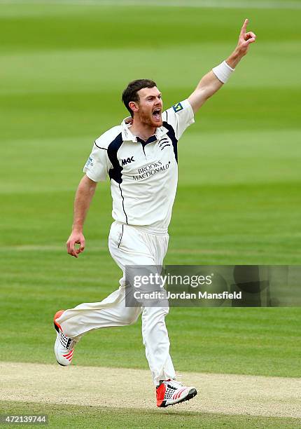 James Harris of Middlesex celebrates getting the wicket of Mark Stoneman of Durham during day three of the LV County Championship match between...