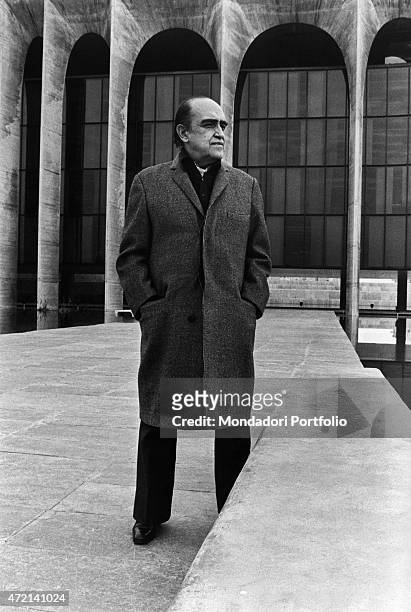 "Brazilian architect Oscar Niemeyer posing outside of Palazzo Mondadori. The Italian publisher Giorgio Mondadori has commissioned the architect to...