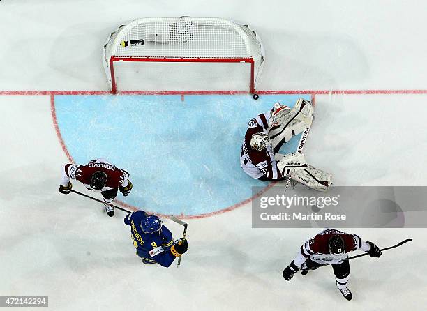 Loui Eriksson of Sweden celebrates after scoring his team's 4th goal during the IIHF World Championship group A match between Latvia and Sweden at o2...