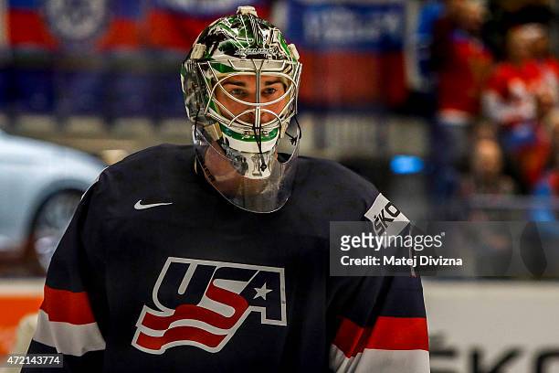 Jack Campbell, goalkeeper of USA, in action during the IIHF World Championship group B match between Russia and USA at CEZ Arena on May 4, 2015 in...