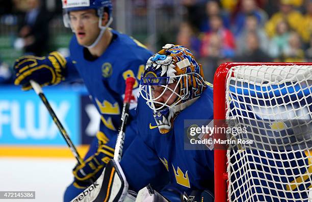 Jhonas Enroth, goaltender of Sweden skates against Latvia during the IIHF World Championship group A match between Latvia and Sweden at o2 Arena on...