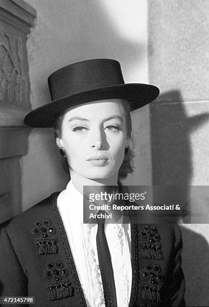 French actress Capucine posing wearing a stage costume for the film 'The Pink Panther'. Rome, 1963