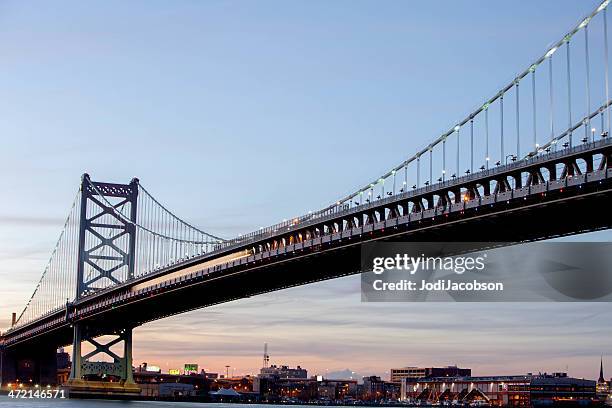 love local:  ben franklin bridge in phildaelphia, pa. - camden new jersey stock pictures, royalty-free photos & images