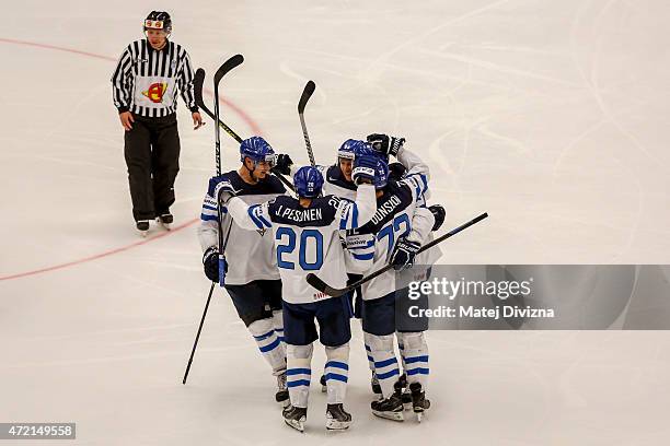 Players of Finland celebrate after their goal during the IIHF World Championship group B match between Norway and Finland at CEZ Arena on May 4, 2015...