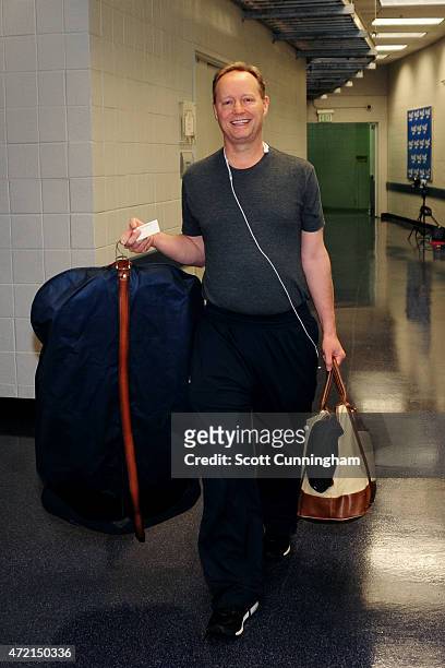 Mike Budenholzer of the Atlanta Hawks arrives at the arena before a game against the Brooklyn Nets in Game Five of the Eastern Conference...