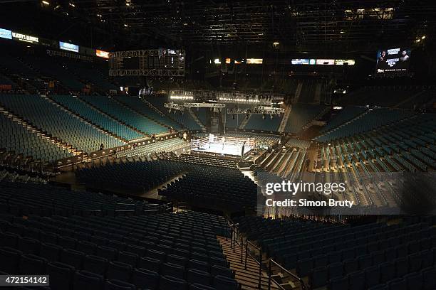 Super World / WBC / WBO Welterweight Title: Overall view of empty ring and arena before Floyd Mayweather vs Manny Pacquiao fight at MGM Grand Garden...