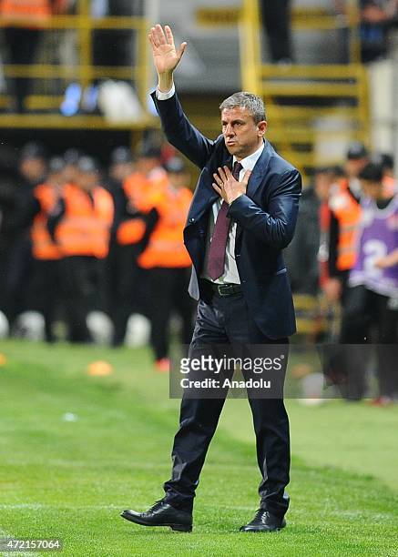 Galatasaray's head coach Hamza Hamzaoglu gestures during the Turkish Spor Toto Super League soccer match between Akhisar Belediyespor and Galatasaray...