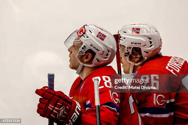 Niklas Roest and Kristian Forsberg of Norway are seen on the bench during the IIHF World Championship group B match between Norway and Finland at CEZ...