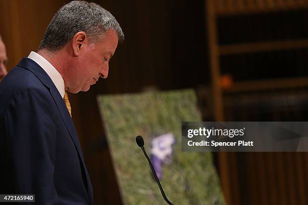 New York City Mayor Bill de Blasio speaks at police headquarters following the death of officer Brian Moore on May 4, 2015 in New York City. Officer...