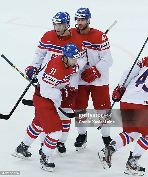 Jaromir Jagr of Czech Republic celebrates a goal with Martin Erat and Michal Jordan during the 2015 IIHF World Championship between Canada and Czech...