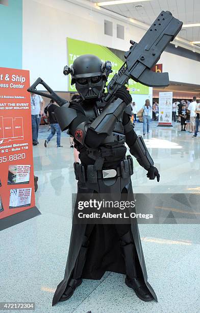 Cosplayer dressed as a mashup of Darth Vader and combat soldier on Day Four of Disney's 2015 Star Wars Celebration held at the Anaheim Convention...
