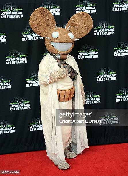 Cosplayer dressed as a mashup of Tusken Raider and DJ Deadmau5 on Day Four of Disney's 2015 Star Wars Celebration held at the Anaheim Convention...