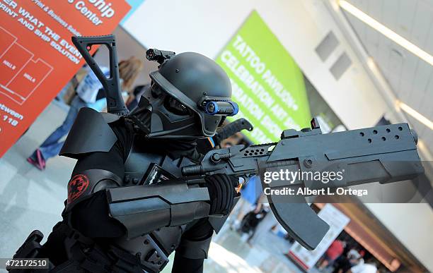 Cosplayer dressed as a mashup of Darth Vader and combat soldier on Day Four of Disney's 2015 Star Wars Celebration held at the Anaheim Convention...