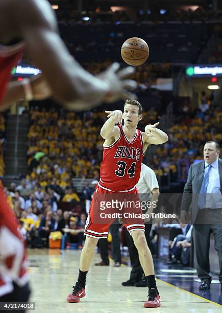 Chicago Bulls forward Mike Dunleavy passes the ball during the second quarter of Game 1 of the Eastern Conference semifinals on Monday, May 4 at...