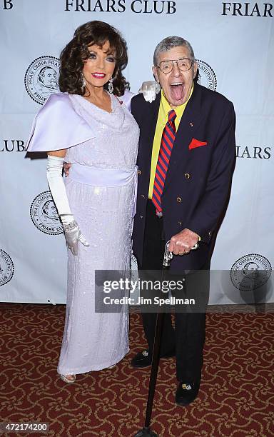 Actors Joan Collins and Jerry Lewis attend the Friars Club salute to Joan Collins at the Friars Club on May 4, 2015 in New York City.