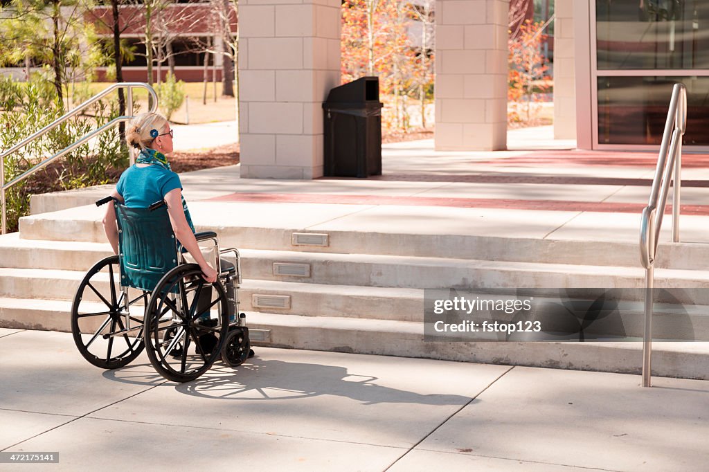 Wheelchair-bound woman faces inaccessible stairs. Civil rights.