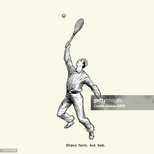 ilustraciones, imágenes clip art, dibujos animados e iconos de stock de victorian jugador de tenis-showy formulario, pero malo - atuendo de tenis