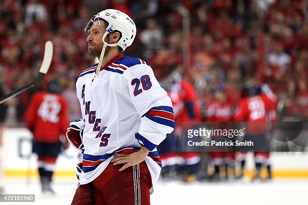 Dominic Moore of the New York Rangers reacts after losing to the Washington Capitals in Game Three of the Eastern Conference Semifinals during the...
