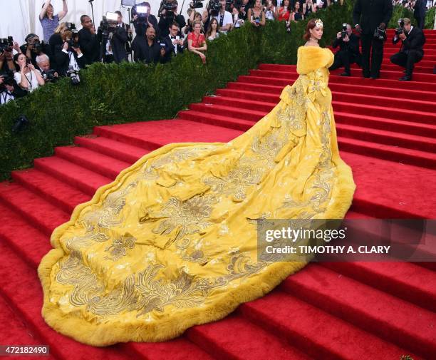 Rihanna arrives at the 2015 Metropolitan Museum of Art's Costume Institute Gala benefit in honor of the museum's latest exhibit "China: Through the...