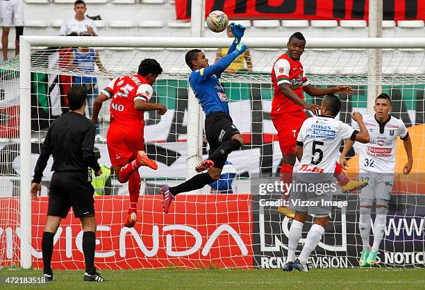 Jose Cuadrado goalkeeper of Once Caldas makes a save during a match between Once Caldas and Cortulua as part of 18th round of Liga de Aguila I 2015...