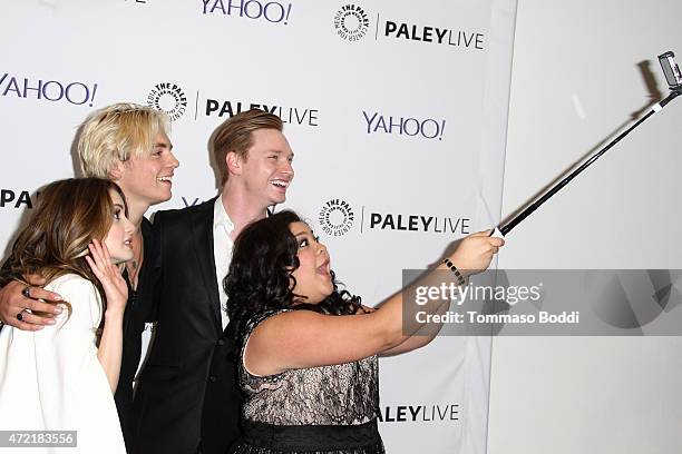 Actors Laura Marano, Ross Lynch, Calum Worthy and Raini Rodriguez take a selfie at the Paley Center for Media presents family night: "Austin & Ally"...