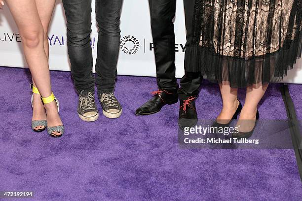 Actors Laura Marano, Ross Lynch, Calum Worthy and Raini Rodriguez, shoes detail, attend a special screening of Disney Channel's "Austin & Ally" as...