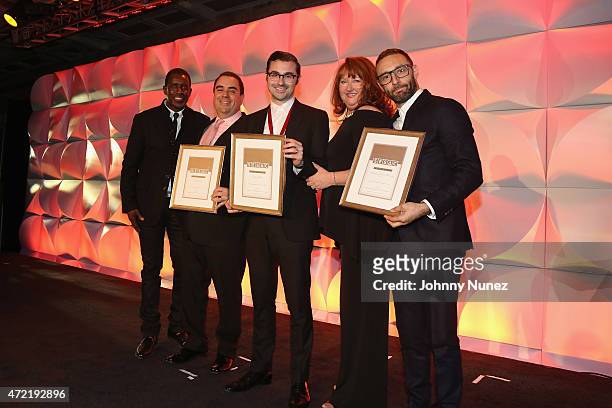Trevor Gale, Evan Lamberg, James Napier, Linda Lorence Critelli and Nick Raphael pose with awards onstage at 2015 SESAC Pop Music Awards at New York...