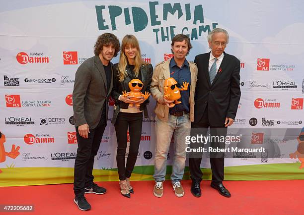 Carles Puyol, Vanessa Lorenzo, Jordi Rios and Bonaventura Clotet attend a photocall for 'Epidemia The Game' presentation at the El Palauet on May 4,...
