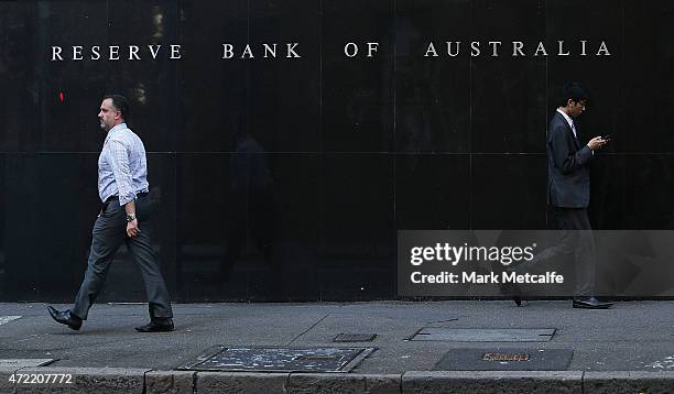 Pedestrians walk past the Reserve Bank of Australia headquarters on May 5, 2015 in Sydney, Australia. Forecasters are predicting the Reserve Bank of...