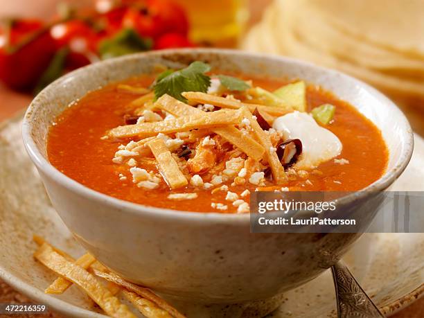 tortilla soup - chili soup stock pictures, royalty-free photos & images