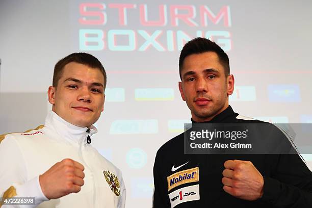 Felix Sturm and Fedor Chudinov pose during a press conference ahead of their super middleweight fight on May 5, 2015 in Frankfurt am Main, Germany.