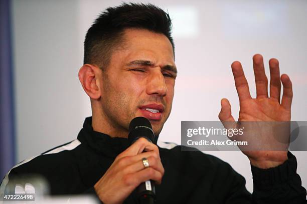 Felix Sturm of Germany discusses with journalists during a press conference ahead his super middleweight fight against Fedor Chudinov of Russia on...