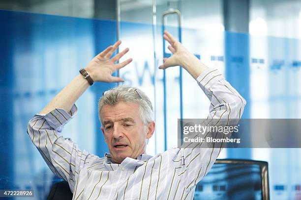 Michael O'Leary, chief executive officer of Ryanair Holdings Plc, gestures as he speaks following a Bloomberg Television interview in London, U.K.,...