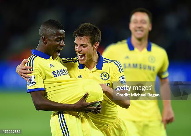 Ramires of Chelsea celebrates scoring their third goal with Cesar Azpilicueta of Chelsea during the Barclays Premier League match between Leicester...