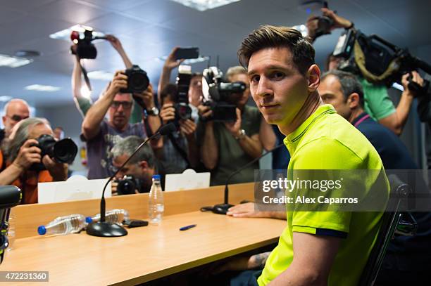 Lionel Messi of FC Barcelona faces the media during a press conference ahead of their UEFA Champions League semi-final first leg match against FC...