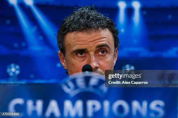 Head coach Luis Enrique Martinez of FC Barcelona faces the media during a press conference ahead of their UEFA Champions League semi-final first leg...