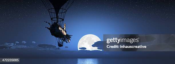 steampunk dirigible voar com ocaso da lua sobre o oceano - gravidade zero imagens e fotografias de stock