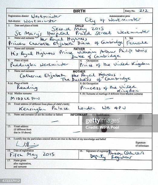 The birth certificate of Princess Charlotte of Cambridge which was signed by her father, the Duke of Cambridge at Kensington Palace and witnessed by...