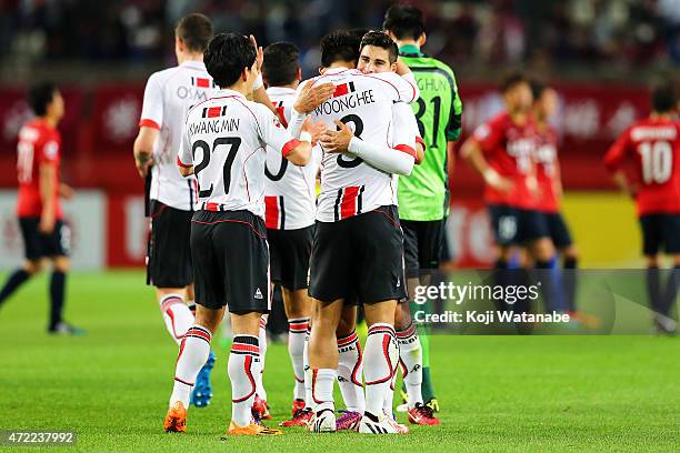 Molina Uribe and team-mate of FC Seoul celebrates the win during the AFC Champions League Group H match between Kashima Antlers and FC Seoul at...