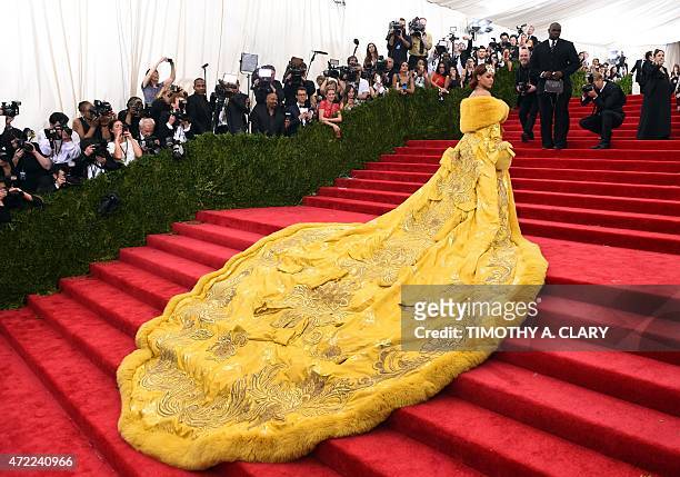 Rihanna arrives at the 2015 Metropolitan Museum of Art's Costume Institute Gala benefit in honor of the museums latest exhibit China: Through the...
