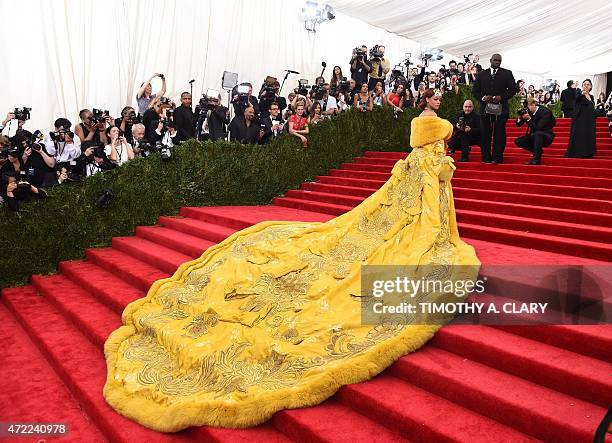 Rihanna arrives at the 2015 Metropolitan Museum of Art's Costume Institute Gala benefit in honor of the museums latest exhibit China: Through the...