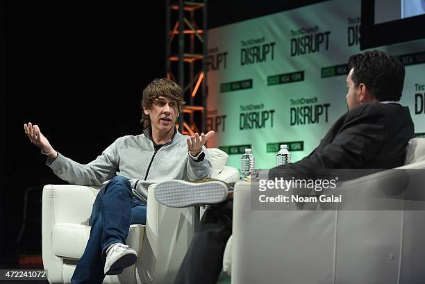 And Co-Founder of Foursquare, Dennis Crowley and Co-Editor at TechCrunch, Matthew Panzarino appear onstage during TechCrunch Disrupt NY 2015 - Day 2...